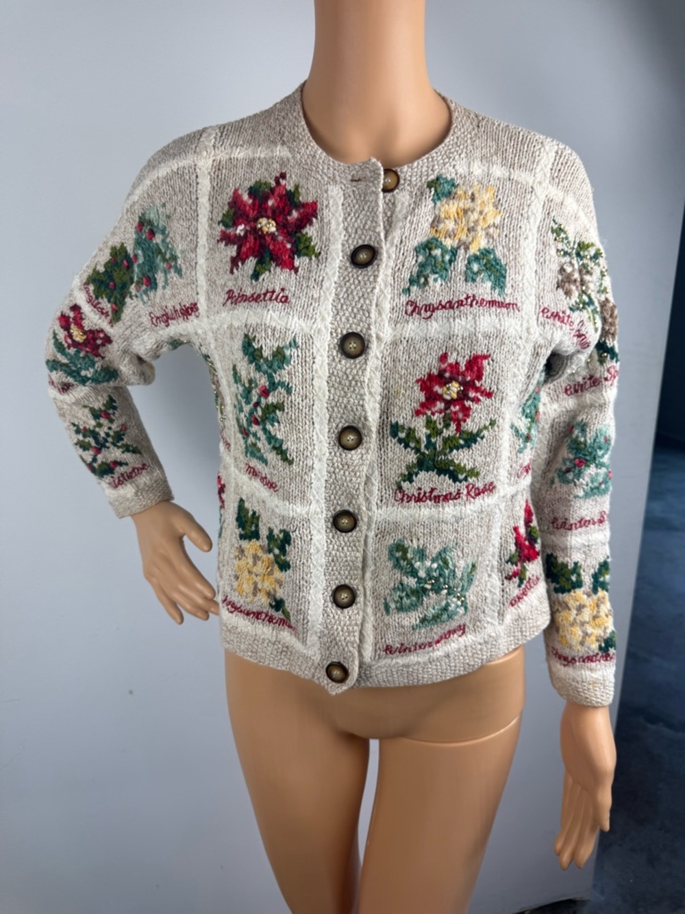VTG 1996 Marisa Christina Petite Small Christmas Flower Cardigan Sweater